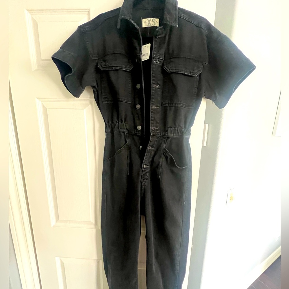 We The Free Black Straight-Leg Denim Jumpsuit